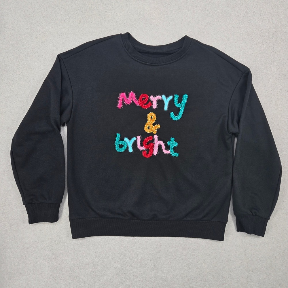 Womens Medium Sweatshirt Merry & Bright Black Holiday Festive Yarn Graphic